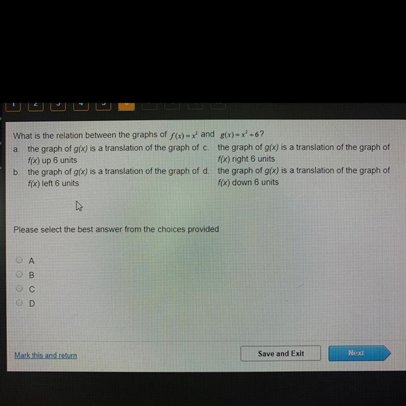 What is the relation between graphs of f(x)=x^2 and g(x)=x^2+6-example-1