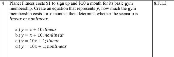 Answer Choices: y= x + 10; linear y= x + 10; non linear y= 10x + 1; linear y= 10x-example-1