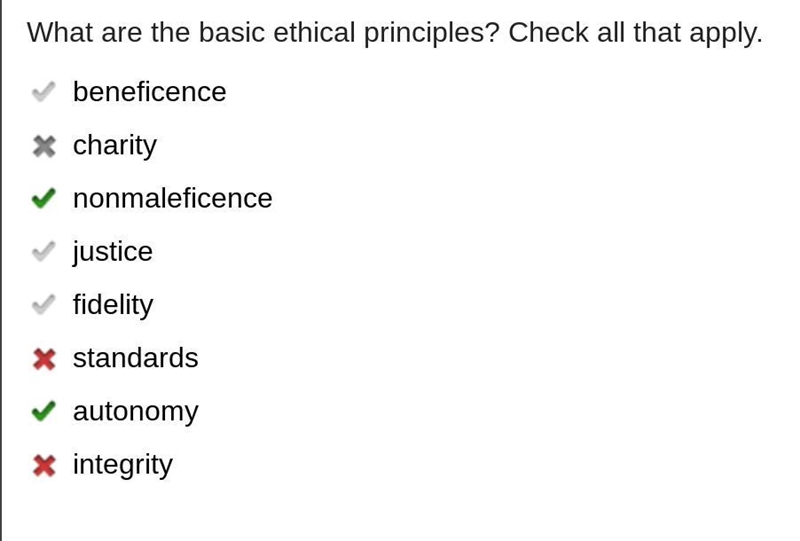 What are the basic ethical principles? Check all that apply. beneficence charity nonmaleficence-example-1