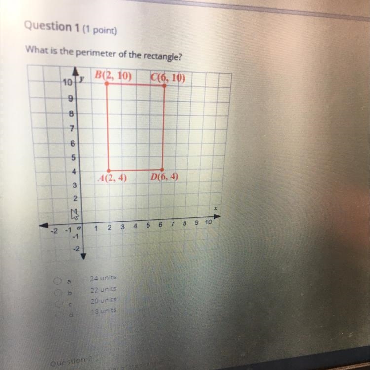 What is the perimeter of the rectangle? B(2, 10) C(6, 10) 10 9 8 7 6 5 4 A(2,4) D-example-1