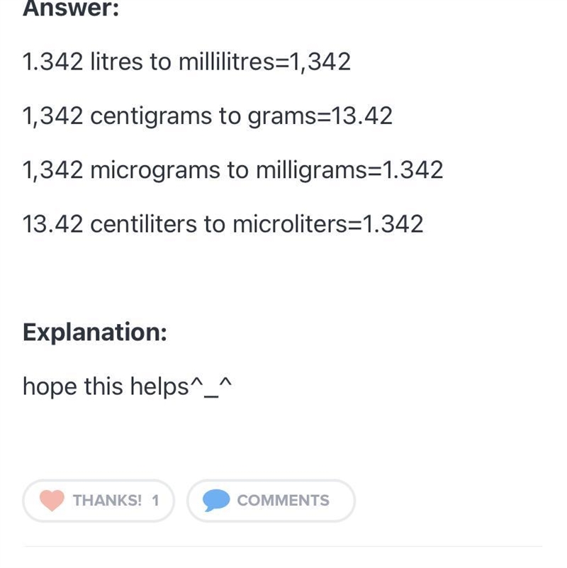 Match each example with its correct conversion. 1.342 liters to milliliters 1,342 1,342 centigrams-example-1