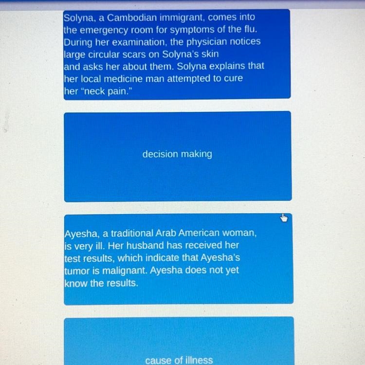 Match the healthcare scenario with its corresponding cultural belief or attitude.-example-1