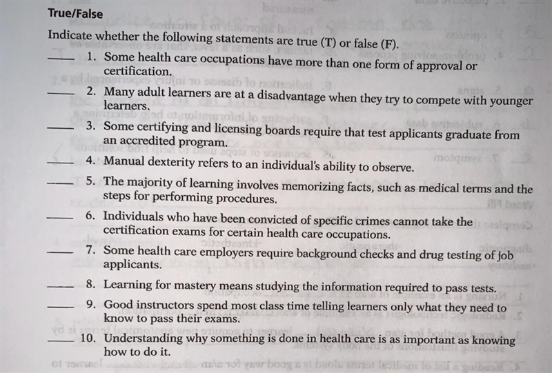 True or false medical terms and situations-example-1