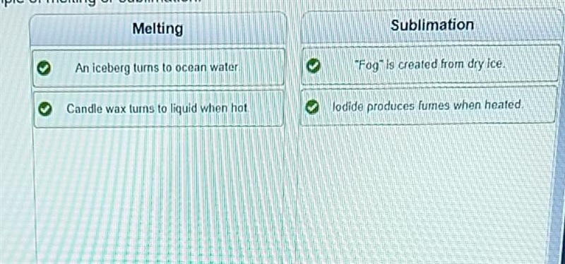 Identify each statement as an example of melting or sublimation. ​-example-1