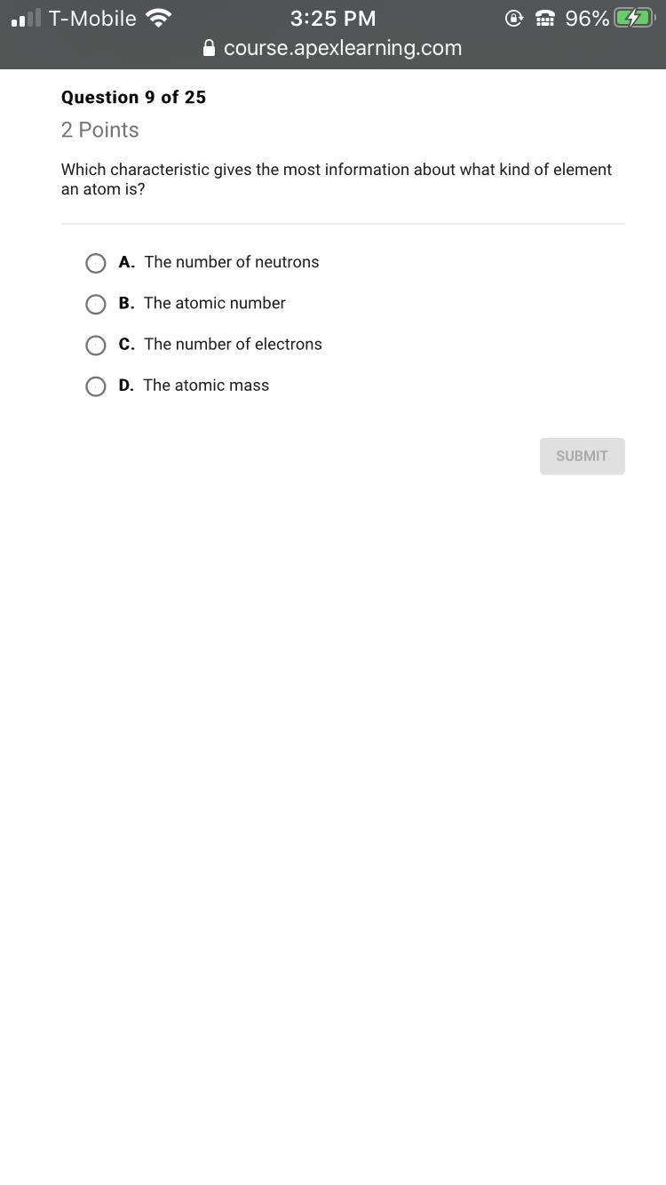 Which characteristic gives the most information about what kind of element an atom-example-1