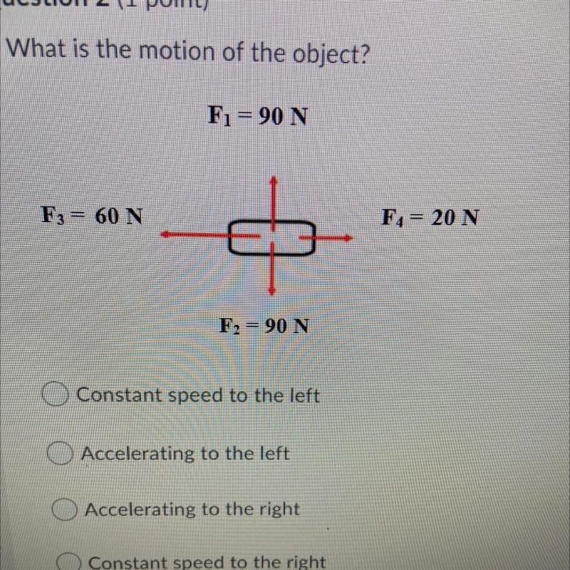 What is the motion of the object? F = 90 N F3 = 60 N F = 20 N F2 = 90 N Constant speed-example-1