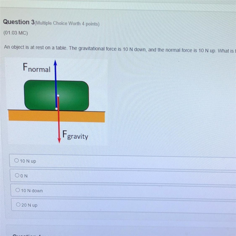 An object is at rest on a table. The gravitational force is 10 N down, and the normal-example-1