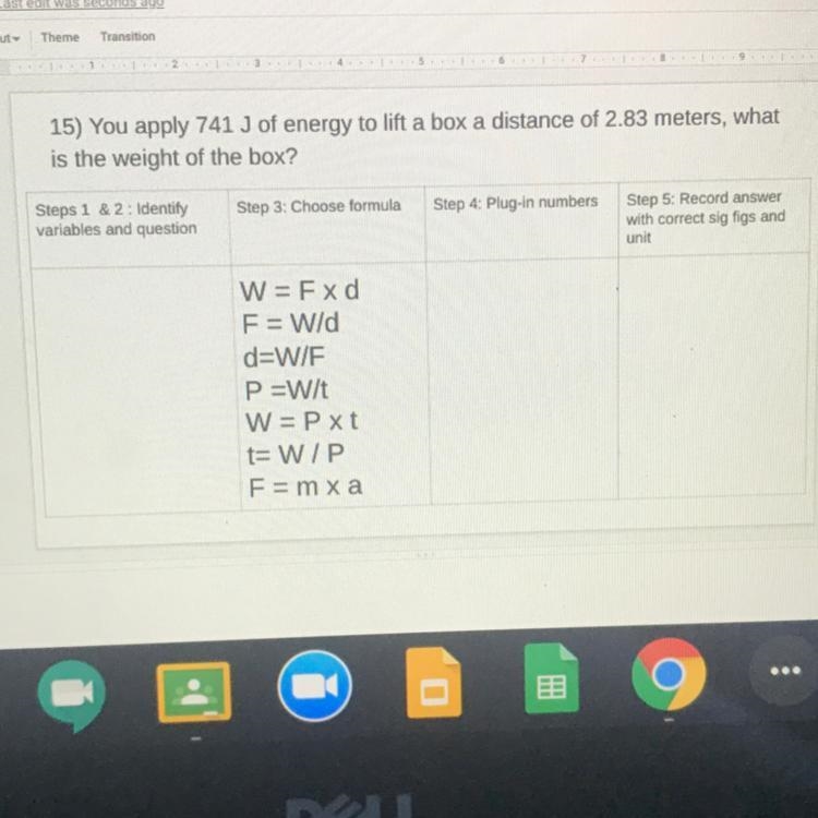 You apply 741 J of energy to lift a box a distance of 2.83 meters, what is the weight-example-1