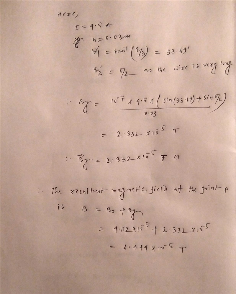 An infinitely long wire carrying a current of 4.5 A is bent at the origin and extends-example-2