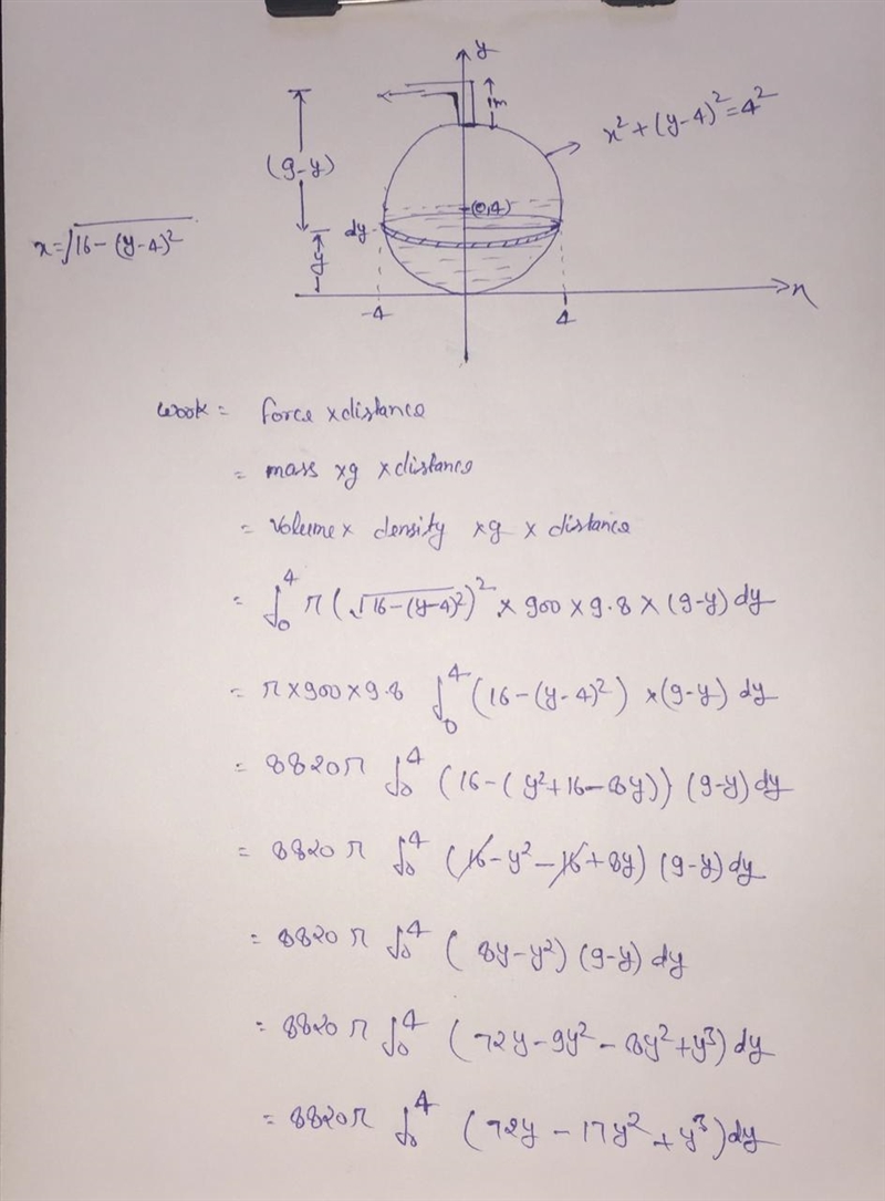 A spherical tank with radius 4 m is half full of a liquid that has a density of 900 kg-example-1