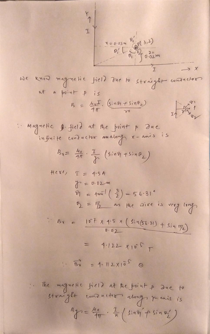 An infinitely long wire carrying a current of 4.5 A is bent at the origin and extends-example-1