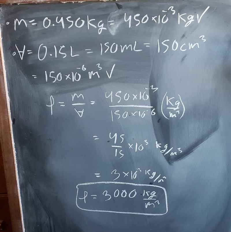 A block of aluminum occupies a volume of 0.15L and weighs .405kg. what is its density-example-1