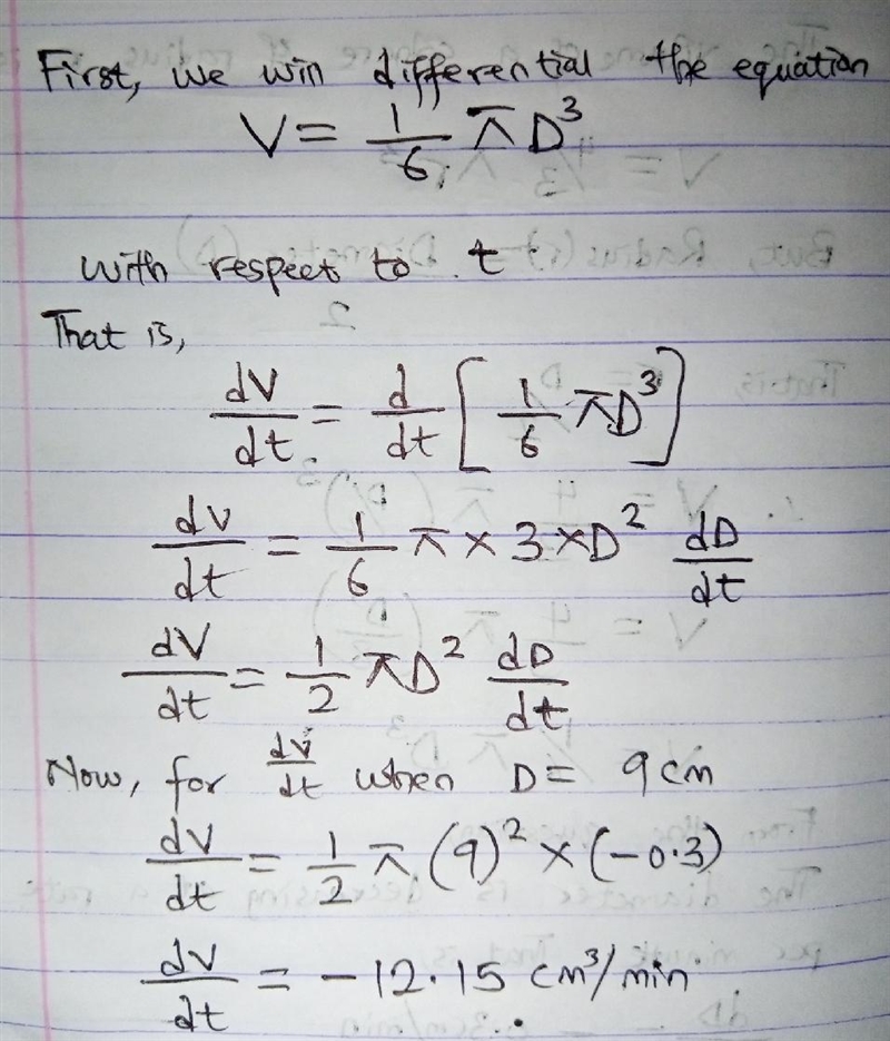 A spherical snowball is melting in such a way that its diameter is decreasing at a-example-2