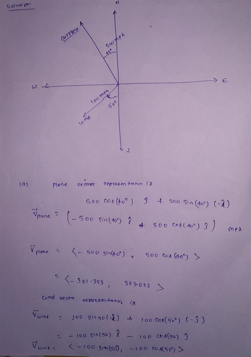 An airplane is flying on a bearing of N 400 W at 500 mph. A strong jet-stream speed-example-1