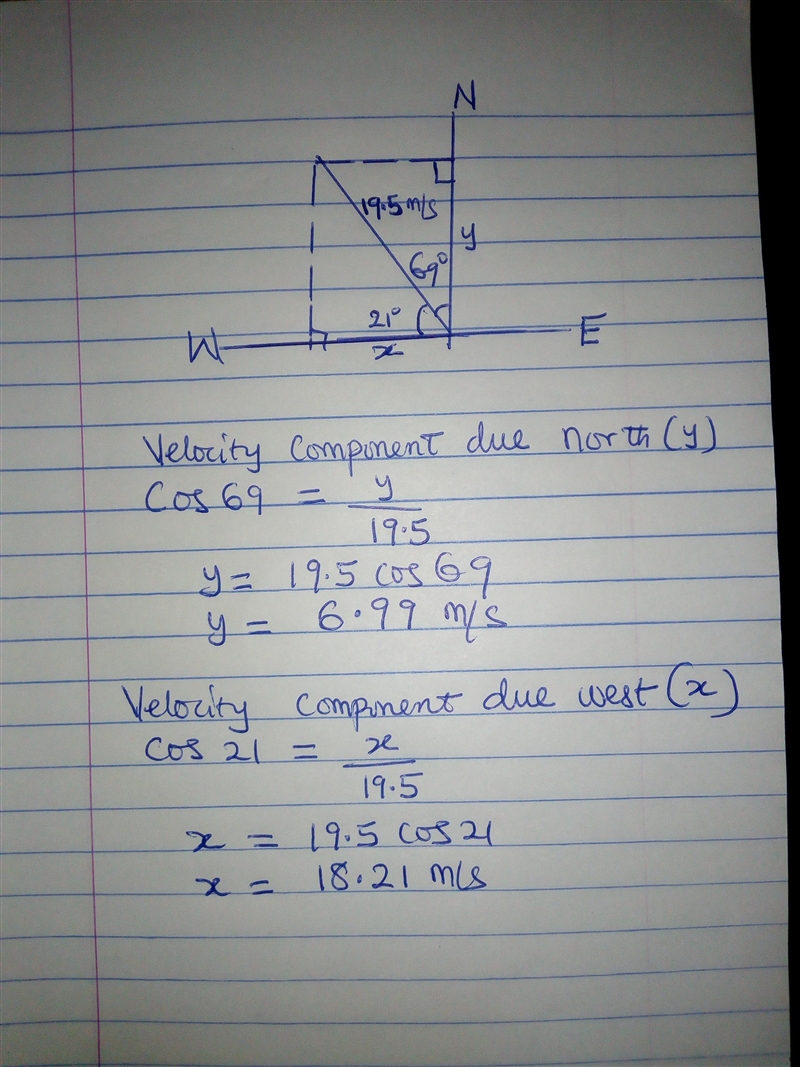 A cheetah is running at a speed of 19.5 m/s in a direction of 69° north of west. Find-example-1