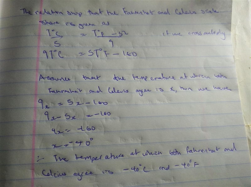 (A) Calculate the one temperature at which Fahrenheit and Celsius thermometers agree-example-1