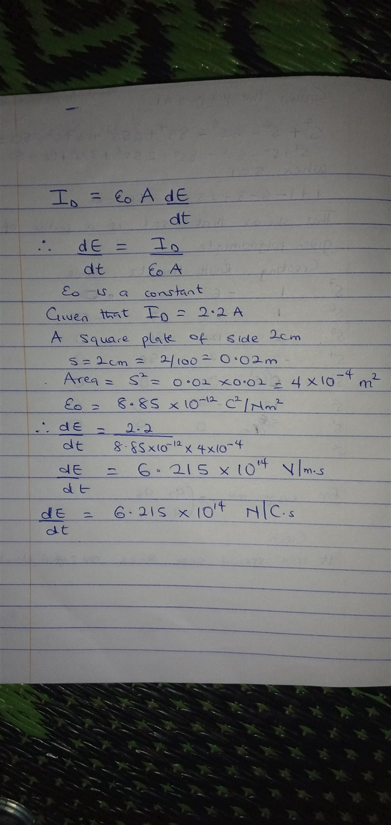 At a given instant, a 2.2 A current flows in the wires connected to a parallel-plate-example-1