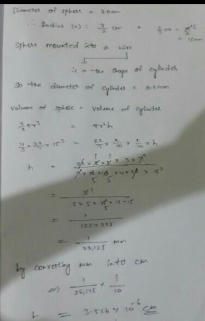 a sphere of diameter 3.0cm is mounted into a thin uniform wire of diameter 0.2mm calculate-example-1