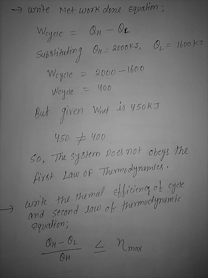 A power cycle generates 450 kJ of work, with a heat input of 2000 kJ at 420 K, and-example-2