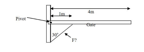 You need to repair a gate on the farm. The gate weighs 100 kg and pivots as indicated-example-1