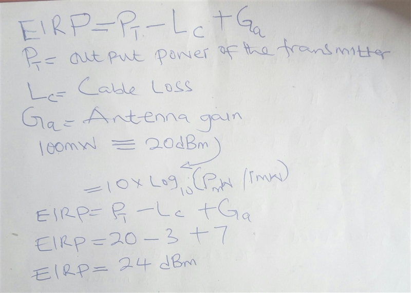 A WLAN transmitter that emites a 100 mW signal is connected to a cable with a 3dB-example-1