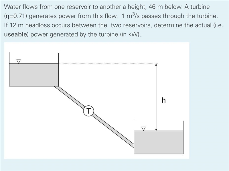 Water flows from one reservoir to another a height, 41 m below. A turbine (η=0.77) generates-example-1