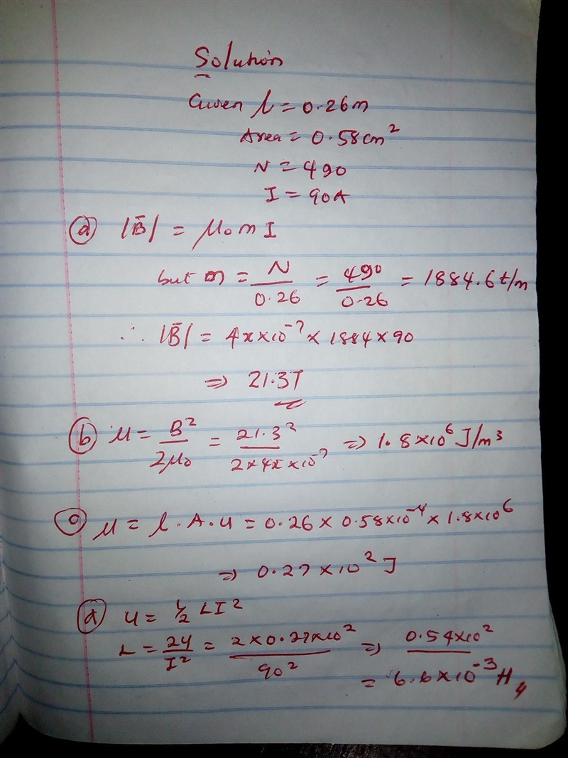 A solenoid 26.0 cm long and with a cross-sectional area of 0.580 cm^2 contains 490 turns-example-1