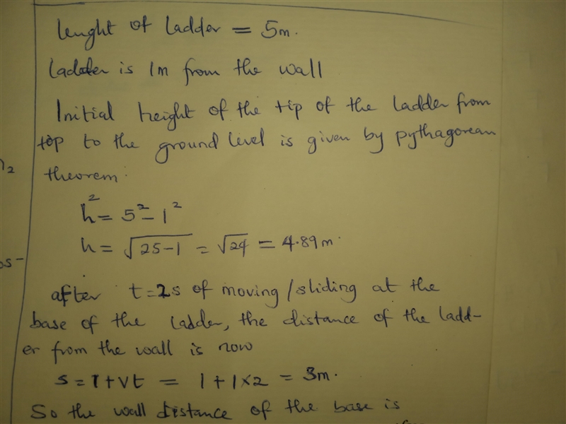 A 5 meter ladder leans against a wall. The bottom of the ladder is 1 meter from the-example-1