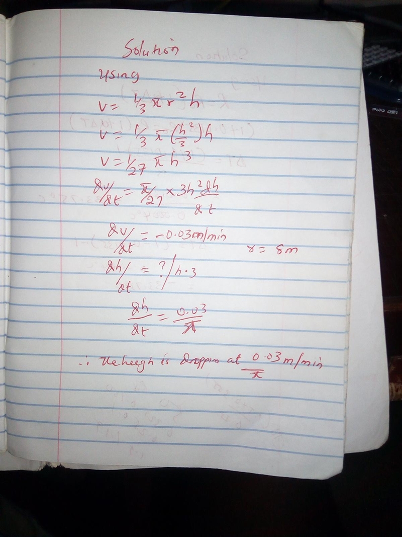 Water is draining from an inverted conical tank with base radius 8 m. If the water-example-1