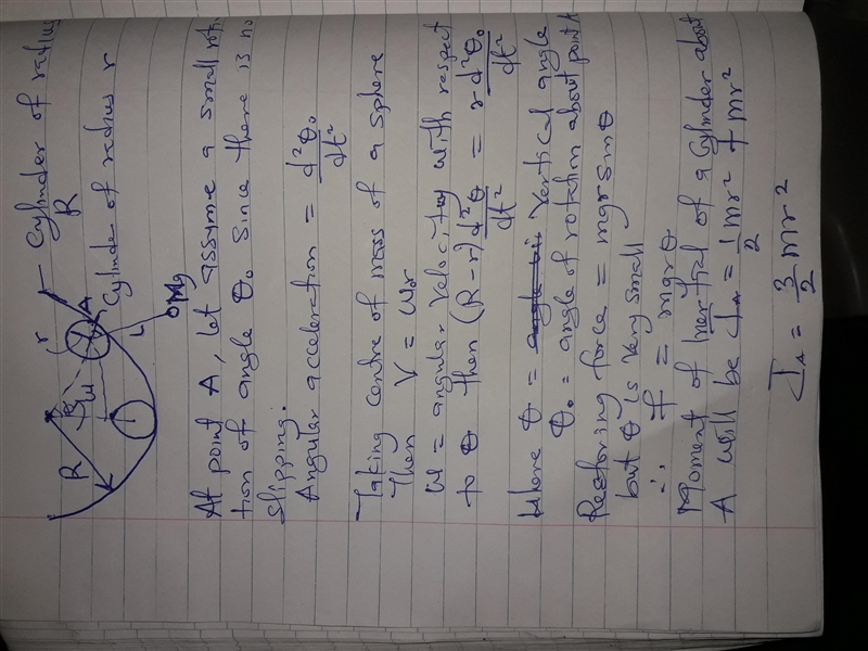 A uniform solid cylinder of radius r and mass m can roll inside a hollow cylinder-example-1