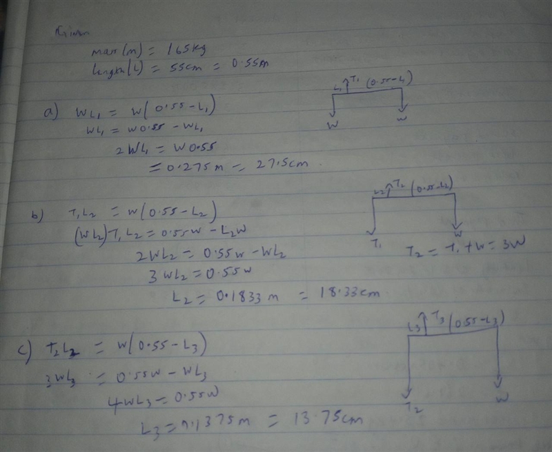 You are asked to construct a mobile with four equal m = 165 kg masses, and three light-example-1