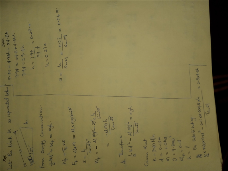 A block of mass m = 2.5 kg is attached to a spring with spring constant k = 940 N-example-1