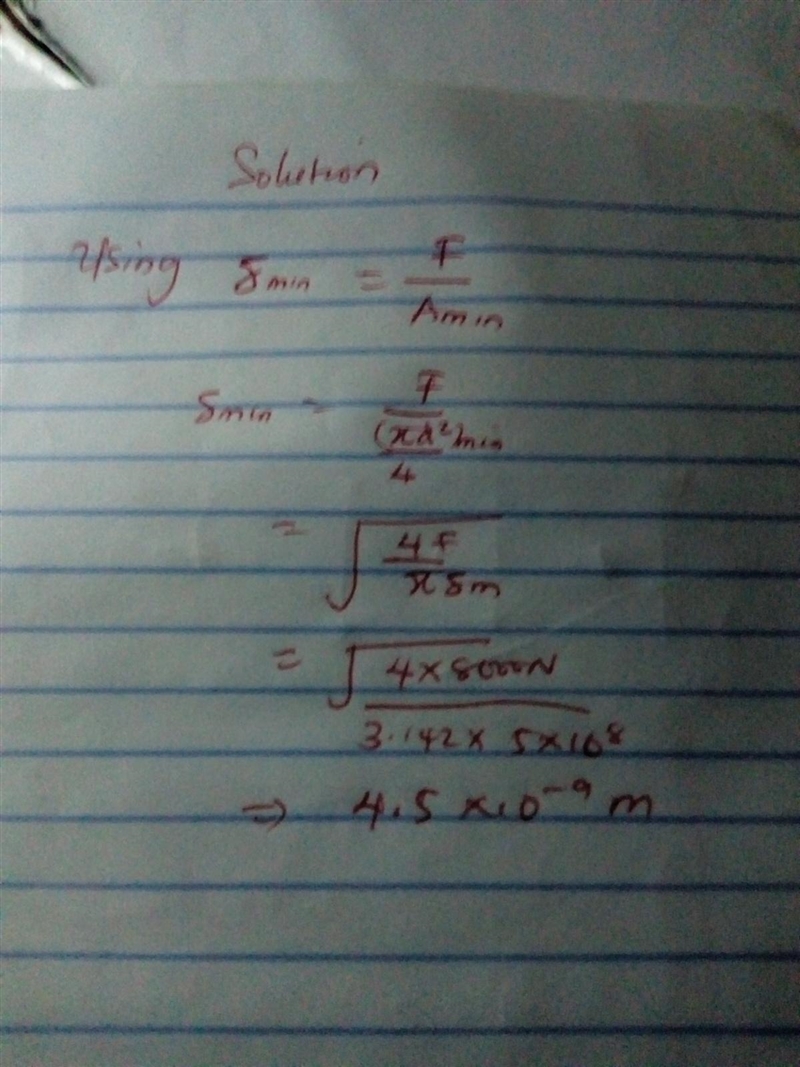 The elastic limit of an alloy is 5.0×108 N/m2. What is the minimum radius rmin of-example-1