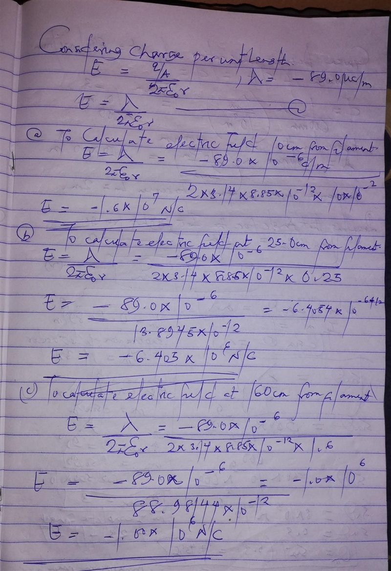 The charge per unit length on a long, straight filament is -89.0 µC/m. a. Find the-example-1