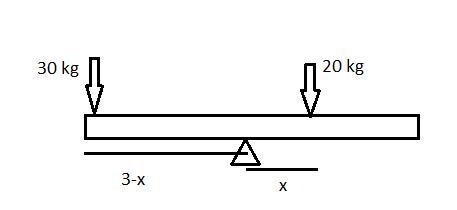 Two children of mass 20 kg and 30 kg sit balanced on a seesaw with the pivot point-example-1