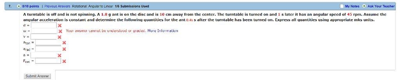 A turntable is off and is not spinning. A 0.8 g ant is on the disc and is 9 cm away-example-1