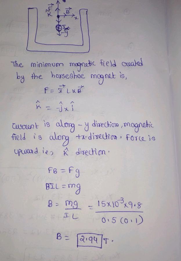 A 15-g 10-cm-long wire is suspended horizontally between the poles of a horseshoe-example-1