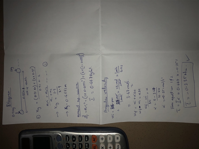 A 0.91 kg ball and a 2 kg ball are connected by a 0.95 m long rigid, massless rod-example-1