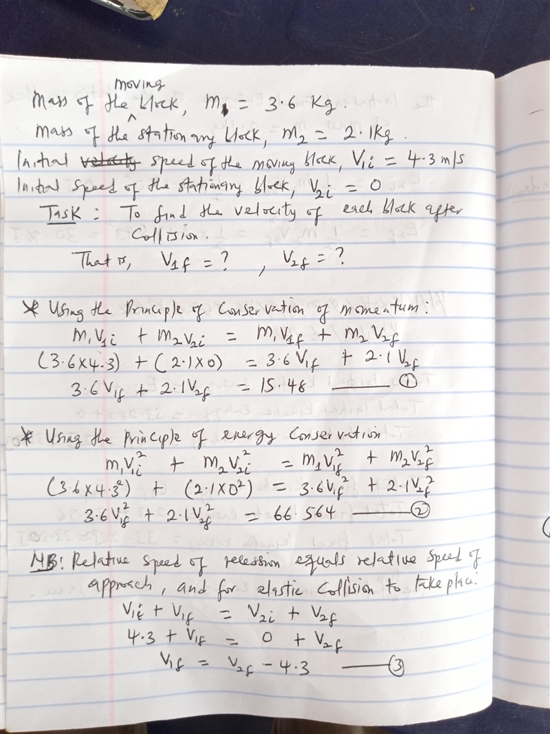 A 3.6 kg block moving with a velocity of 4.3 m/s makes an elastic collision with a-example-1