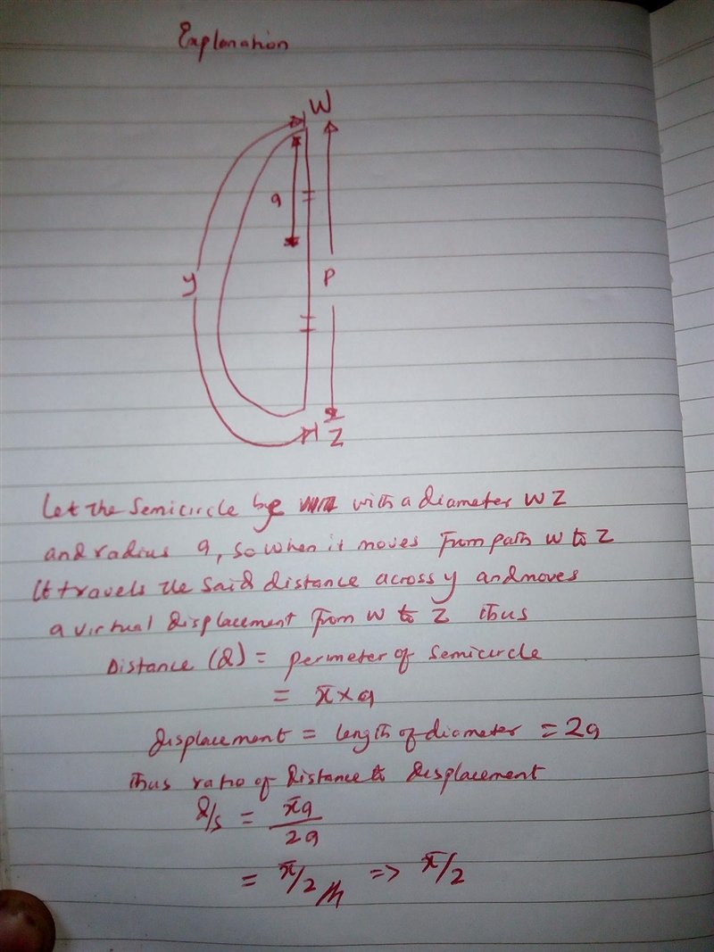 3. A body moves along a semicircular path. The ratio of distance to displacement is-example-1