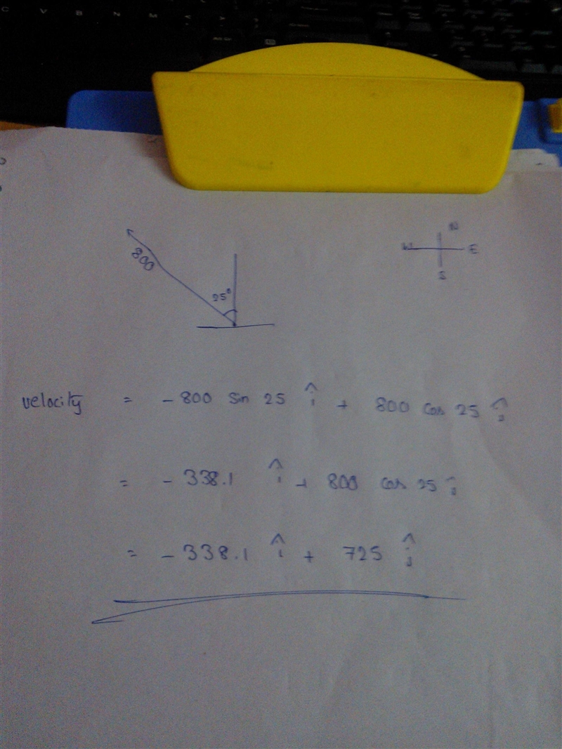 An airplane is ying in the direction 25 west of north at 800 km/h. (a) (4 points) Find-example-1