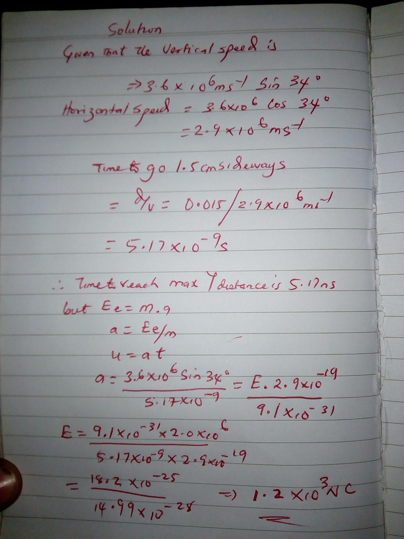 A particle leaves the origin with a speed of 3.6 times 106 m/s at 34 degrees to the-example-1