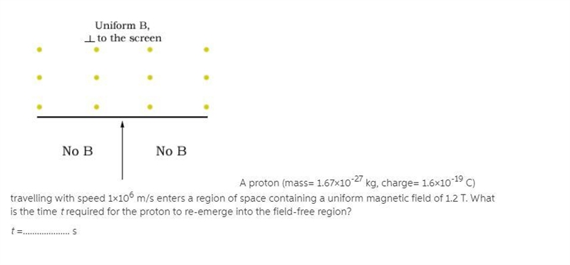 pic A proton (mass= 1.67×10-27 kg, charge= 1.6×10-19 C) travelling with speed 1×106 m-example-1