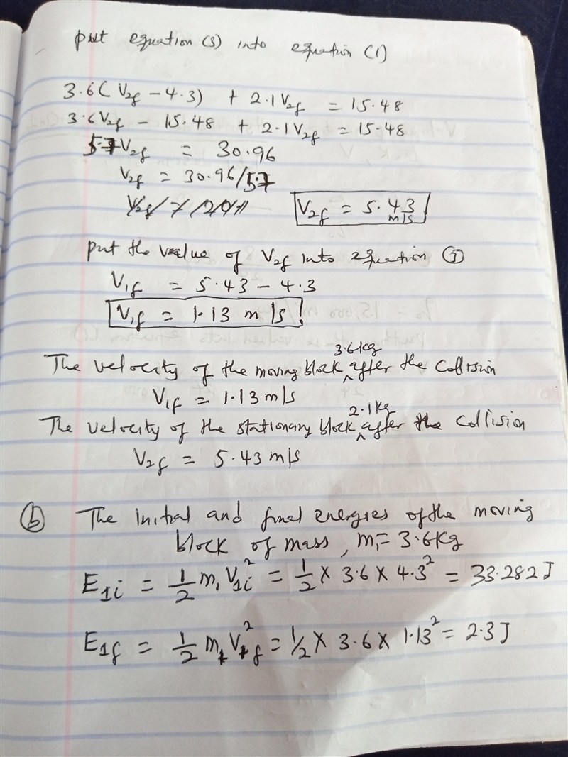 A 3.6 kg block moving with a velocity of 4.3 m/s makes an elastic collision with a-example-2