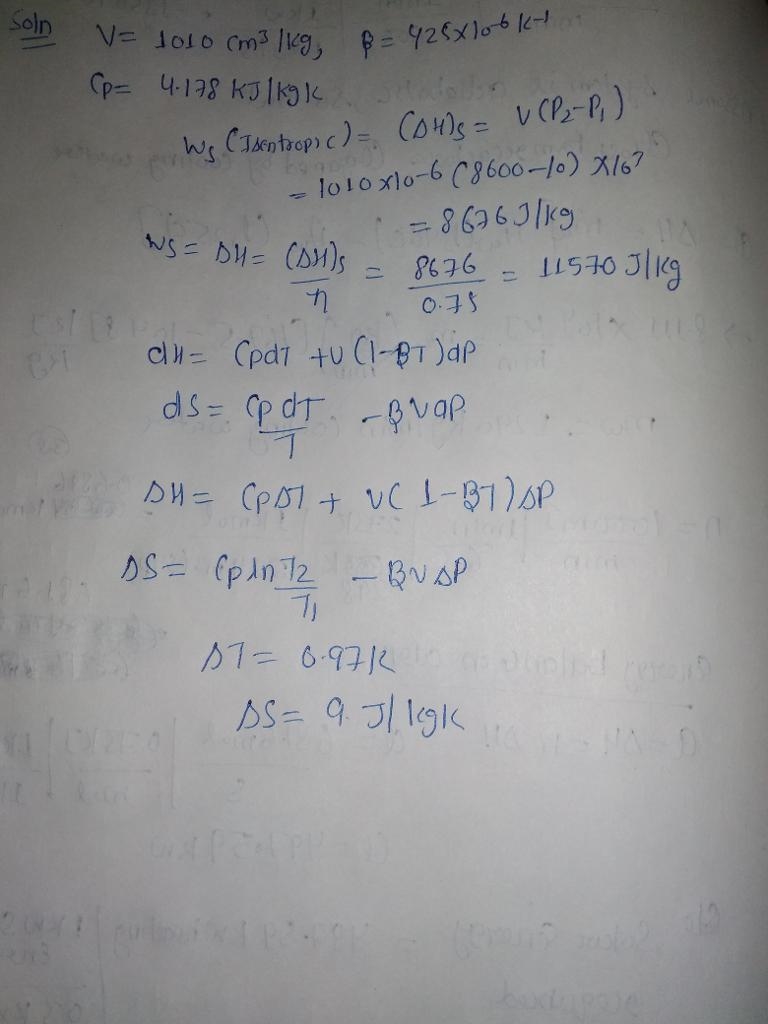 Water at 45 C and 10 kPa enters an adiabatic pump and is discharged at a pressure-example-1