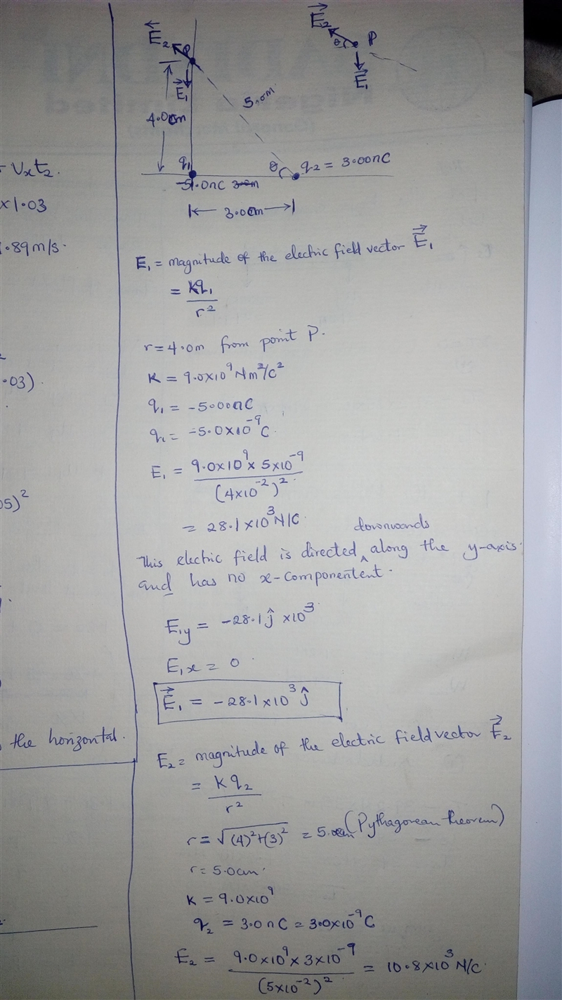 Point charge q1 = -5.00 nC is at the origin and point charge q2 = +3.00nC is on the-example-1