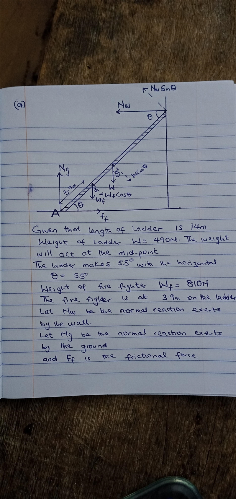 A 14.0 m uniform ladder weighing 490 N rests against a frictionless wall. The ladder-example-2