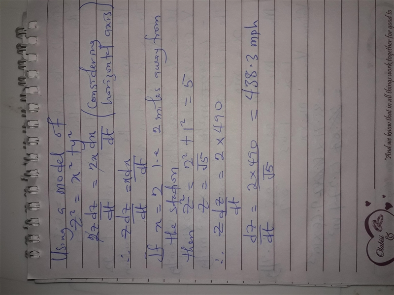 A plane flying horizontally at an altitude of 1 mi and a speed of 490 mi/h passes-example-1