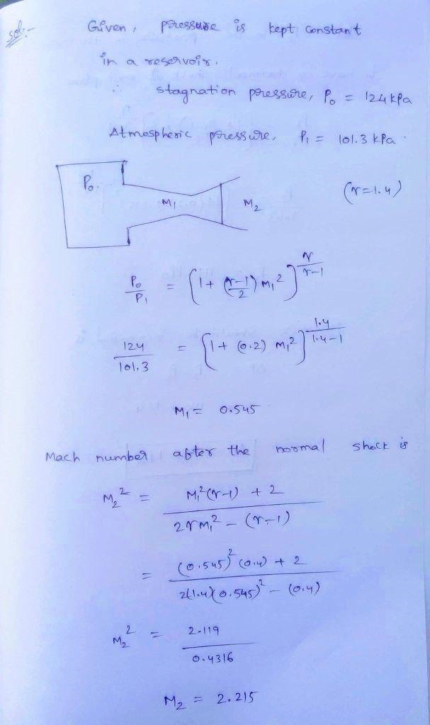 Air flows from a reservoir in which the pressure is kept at 124 kPa through a convergent-example-1