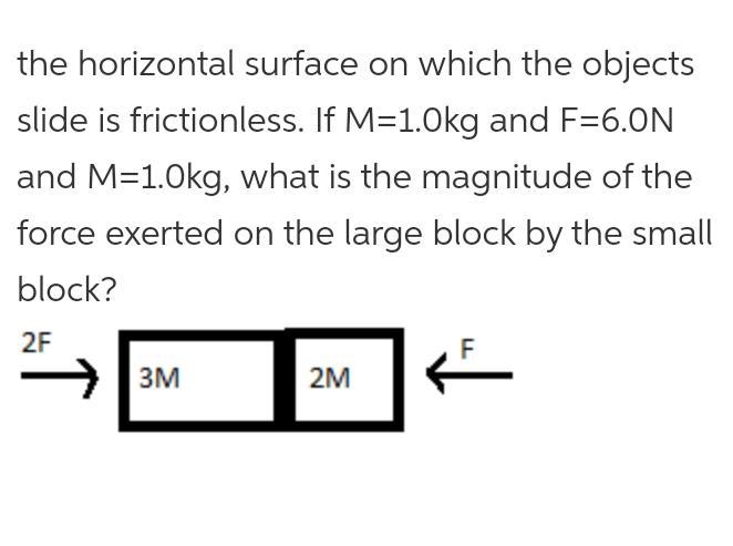 The horizontal surface on which the objects slide is frictionless. If F = 6.0 N and-example-1